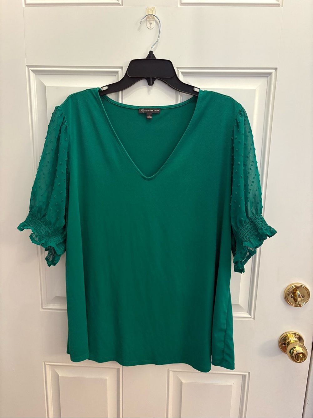 Kelly Green V-Neck Blouse with Textured Puff Sleeves